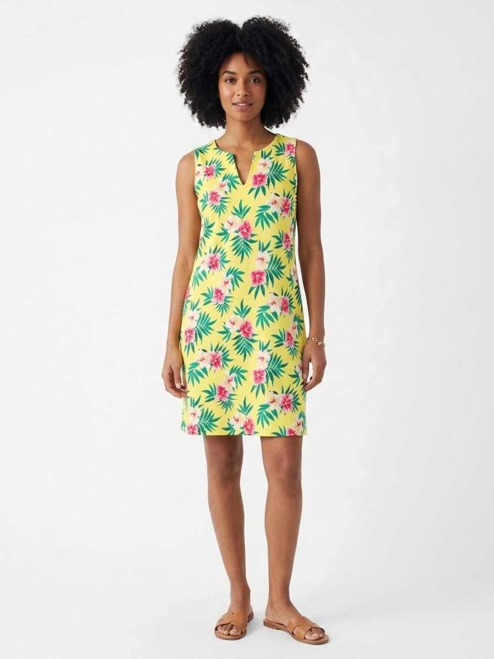 Lands' End Yellow Hibiscus Print Babydoll Mini Dress  Sleeveless  Sz M 10-12